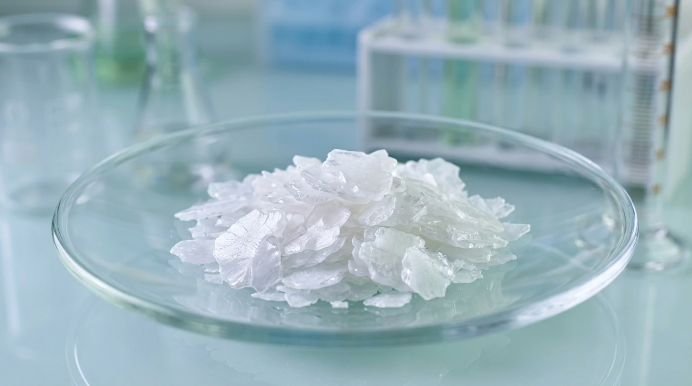 Pure snow-white crystalline 99% caustic soda flakes on laboratory watch glass