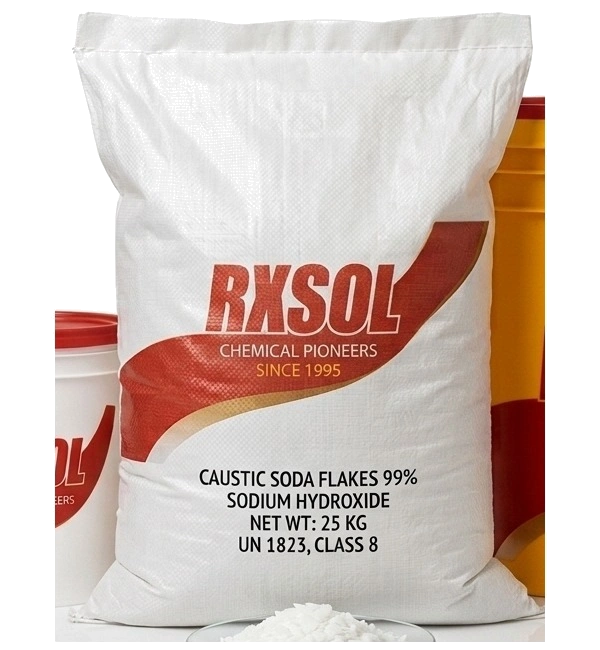 RXSOL 25 kg Caustic Soda Flakes bag with UN 1823 Class 8 marking