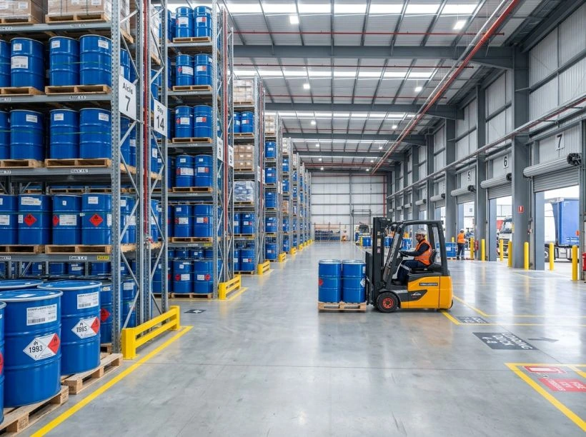 Muscat Chemical Barka distribution warehouse with high-bay chemical racking and pallet inventory