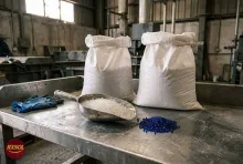 White and blue silica gel desiccant beads in steel scoops beside their 25 kg bags, Barka, Oman