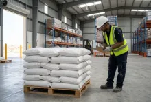 Pallet of 25 kg silica gel desiccant bags checked by a warehouse worker in PPE at the Muscat Chemical warehouse in Barka, Oman