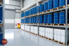 Sealed drums and jerry cans of isopropyl alcohol in the flammables bay of our Barka warehouse in Oman