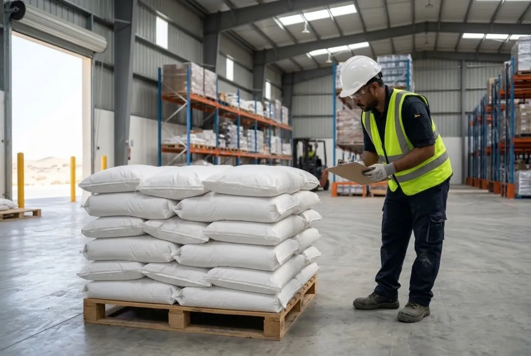 Pallet of 25 kg silica gel desiccant bags checked by a warehouse worker in PPE at the Muscat Chemical warehouse in Barka, Oman