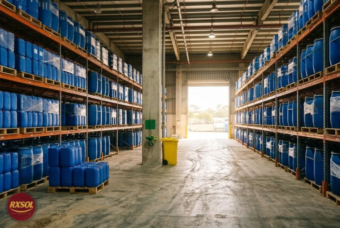 Blue jerry cans and drums of descaling liquid on pallets in a Barka warehouse serving Muscat, Oman