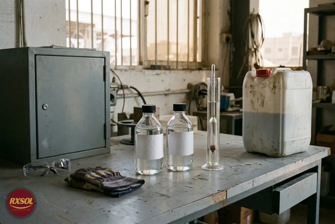 Lab bench in a Muscat industrial unit with sample bottles of clear white spirit, a hydrometer cylinder and a sealed jerry can