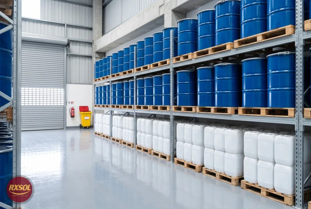 Sealed drums and jerry cans of isopropyl alcohol in the flammables bay of our Barka warehouse in Oman