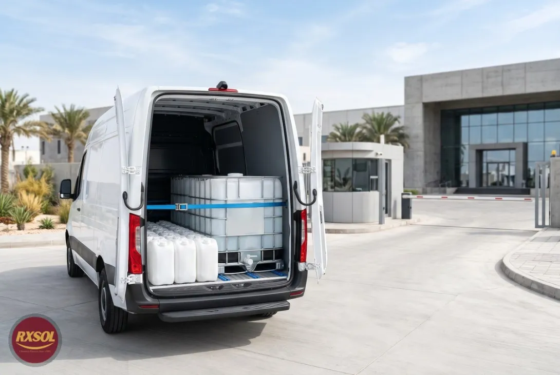 Sealed 25 litre jerrycans and a 1000 litre IBC of demineralised water in a delivery van at a Muscat plant gate
