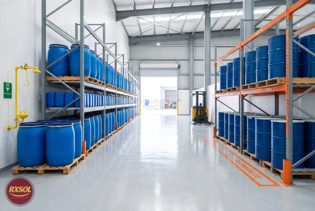 Descaling liquid drums and jerry cans on pallets beside a separate white spirit bay in a Barka warehouse, Oman